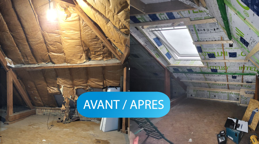 Isolation d’un comble en ouate de cellulose avant, après