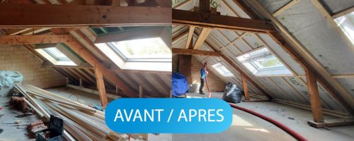 Vue avant après d'une isolation en ouate de cellulose d'un comble aménageable à comines