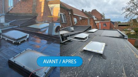 Visuel avant/apres d'une rénovation de toiture plate en EPDM sur Marcq en Barœul