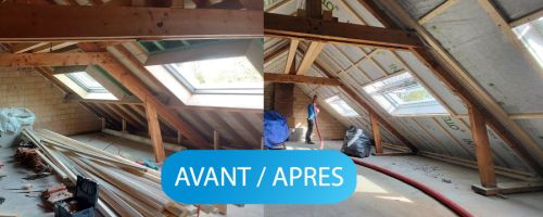 Vue avant après d'une isolation en ouate de cellulose d'un comble aménageable à comines