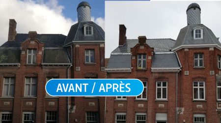Vue de la façade avant / après chantier renovation de toiture à Warneton