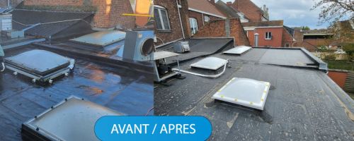 Vue de la toiture plate en EPDM avant et après renovation à Marcq-en-Barœul
