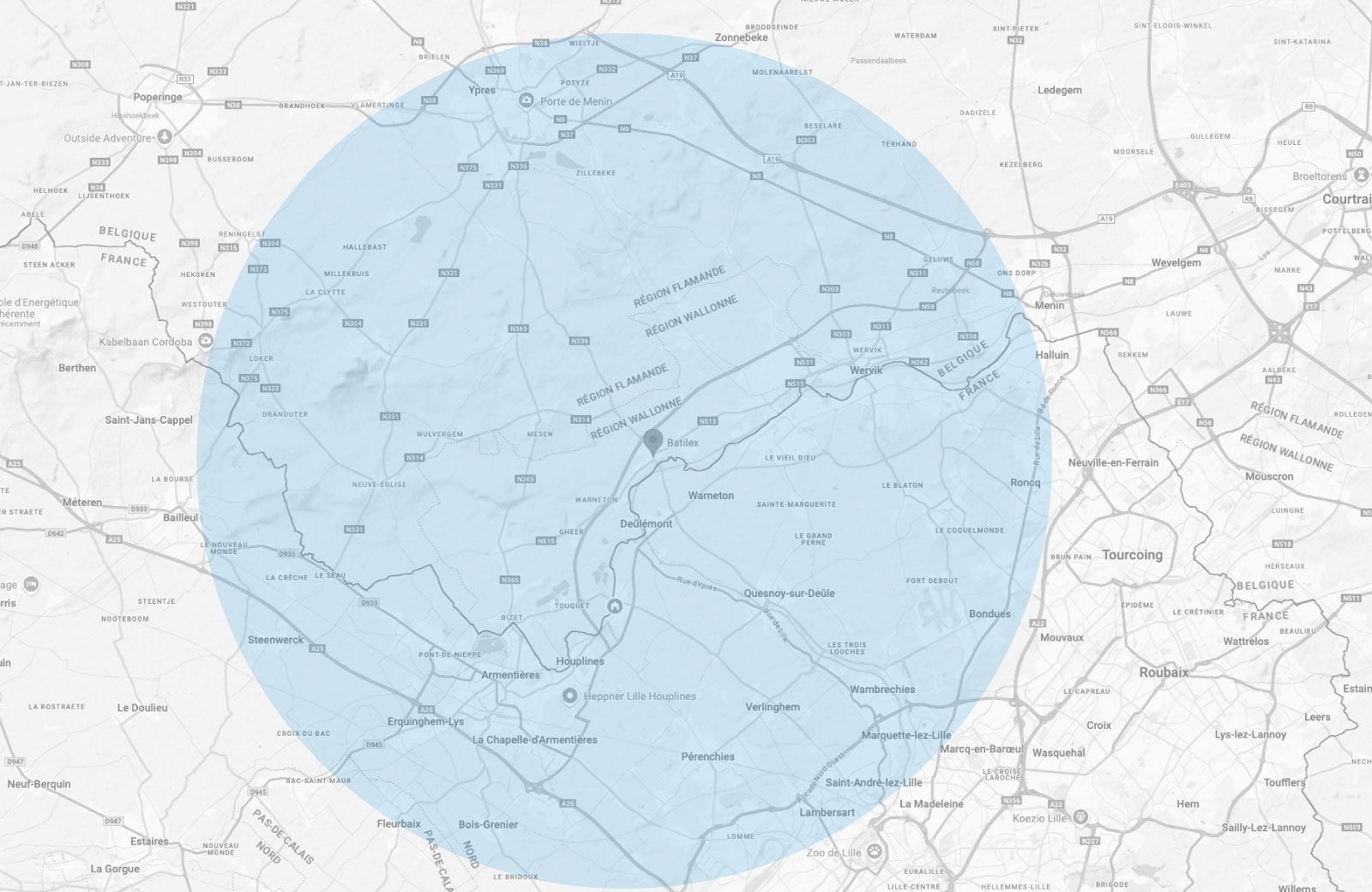 Carte des zones d'interventions de l'entreprise Batilex dans les hauts de france et la belgique
