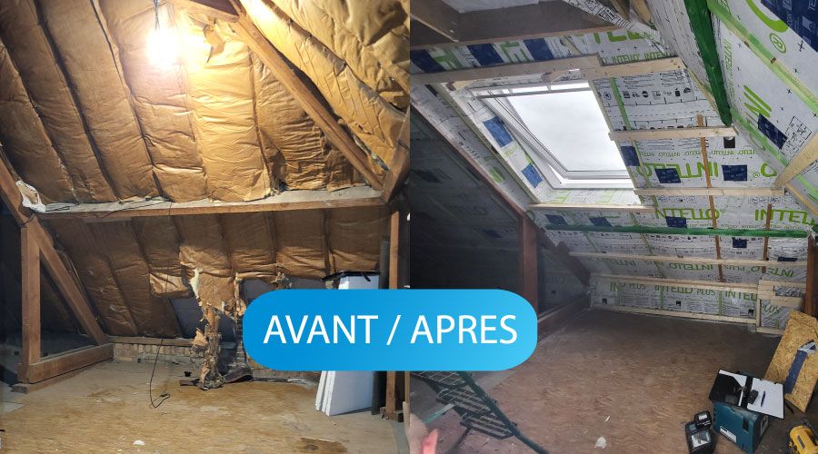 Isolation d’un comble en ouate de cellulose avant, après
