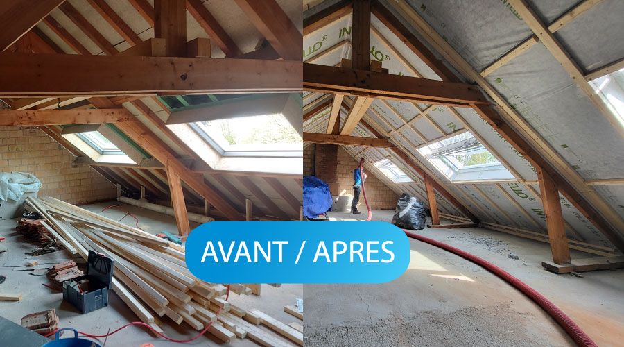 Vue avant après d'une isolation en ouate de cellulose d'un comble aménageable à comines
