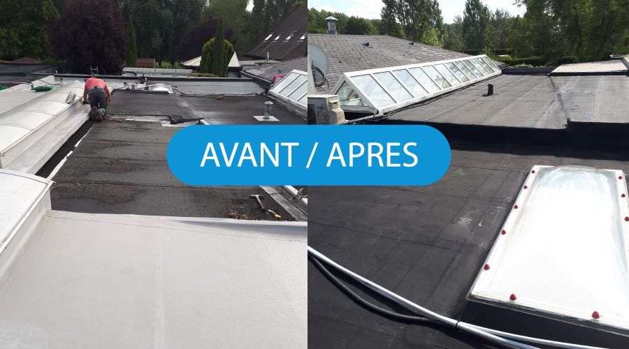 Vue d'une toiture avant et après remplacement du revetement EPDM