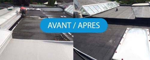 Vue d'une toiture avant et après remplacement du revetement EPDM